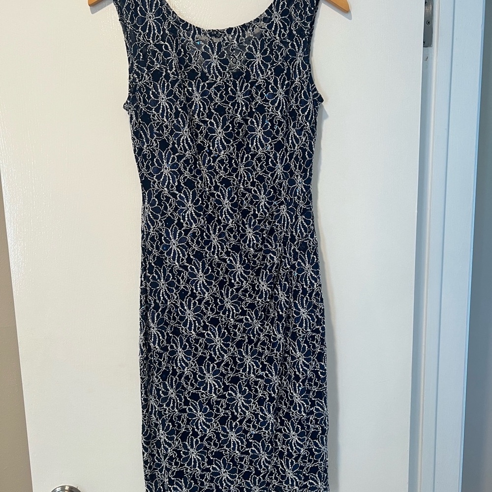 Roz & Ali Navy Floral Lace-Overlay Midi Dress